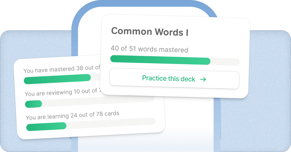 Examples of the UI and vocabulary words you'll see in the flashcard app