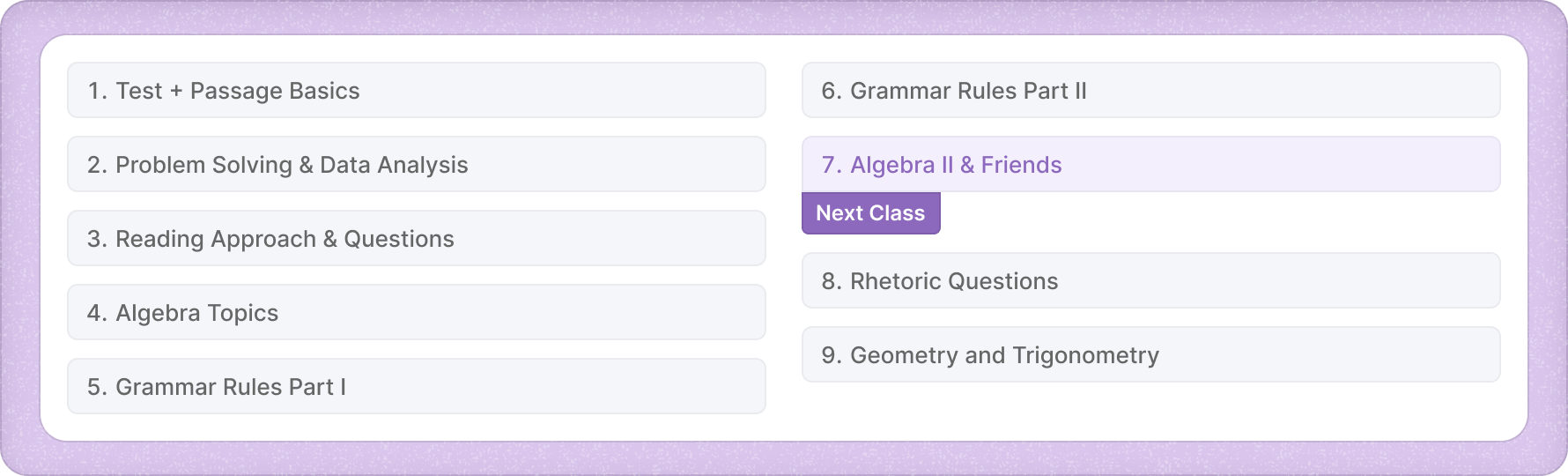 List of specific classes and topics